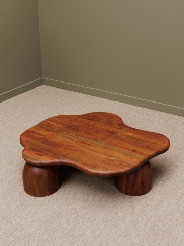 Măsuță de cafea din lemn de acacia, maro, cu blat organic și trei picioare masive rotunjite, 30 x 116 x 110 cm, „Osmoze” - Img 4