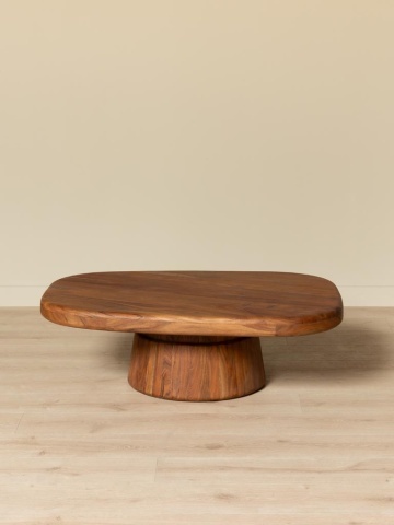 Măsuță de cafea din lemn de acacia, ovală, cu picior sculptural, maro antichizat, finisaj satinat, 115×86×39 cm, „Ningula" - Img 2
