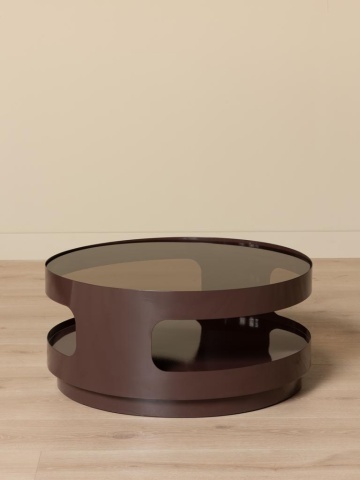 Măsuță de cafea din sticlă și metal, rotundă, cu structură cilindrică și decupaje laterale, maro antichizat, finisaj mat, 70×32 cm, „Onyru" - Img 2