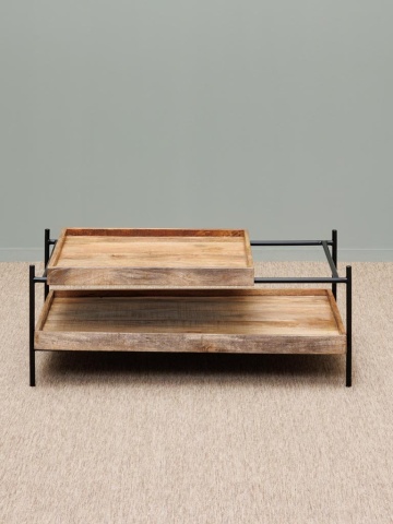 Măsuță de cafea dreptunghiulară din lemn de mango și metal, natur și negru, cu blat glisant și raft, 35 x 95 x 59 cm, „Modular” - Img 5