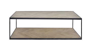 Măsuță de cafea dreptunghiulară din lemn reciclat și metal, natur și negru, cu model în spic și raft, 37 x 120 x 50 cm, „Versailles” - Img 2