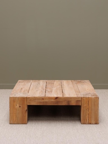Măsuță de cafea pătrată din lemn de pin reciclat, natur, cu picioare masive și blat din panouri lungi, 38 x 120 x 120 cm, „Yakta” - Img 3