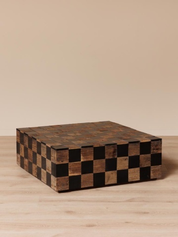 Măsuță de cafea pătrată din lemn reciclat și marmură, natur și negru, model tablă de șah, finisaj mat, 33 x 90 x 90 cm, „Kadrie” - Img 3