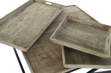 Măsuță de cafea pătrată din lemn și metal, natur și negru, cu 3 tăvi detașabile și bază în X, 55 x 120 x 120 cm, „Traywood” – Ethnic Collections - Img 3