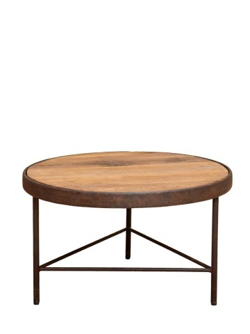 Măsuță de cafea rotundă din lemn de mango și metal, natur și alamă, cu ramă lată și trei picioare subțiri, finisaj antichizat, 41 x 71 cm, „Rusta”