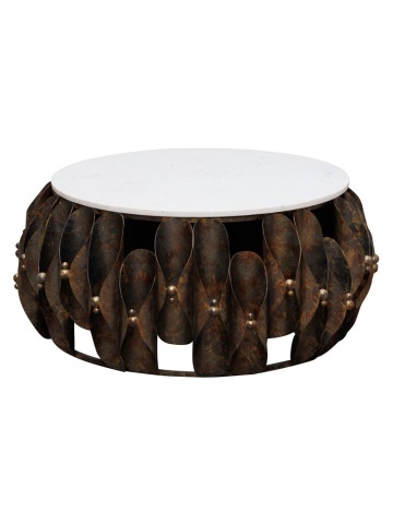 Măsuță de cafea rotundă din marmură și metal, alb și maro, cu bază din petale și sfere aurii, finisaj patinat, 40 x 94 cm, „Ondralis”
