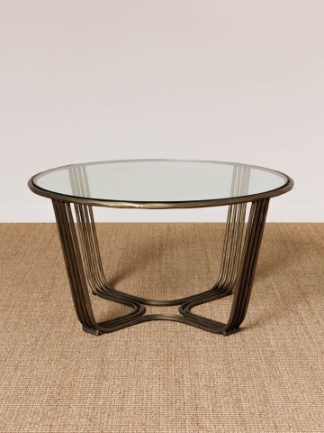 Măsuță de cafea rotundă din sticlă și metal, auriu, cu picioare din tije curbate, finisaj antichizat, 43 x 82 cm, „Art Nouveau” - Img 2