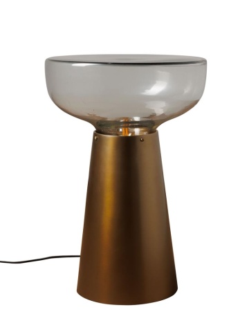 Măsuță laterală iluminată rotundă din metal și sticlă, auriu, cu blat în formă de cupă și bază conică, 56 x 37 cm, „Marvela”