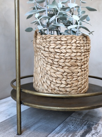 Măsuță laterală înaltă rotundă din metal, auriu, cu blat perforat în model floral și raft-tavă, finisaj antichizat, 74 x 43 cm, „Dentelle” - Img 5