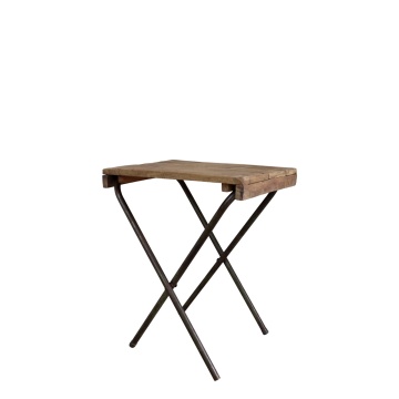 Măsuță laterală pliabilă înaltă din lemn reciclat și metal, natur, cu blat din lamele și picioare în X, 70 x 61 x 45 cm, „Grimaud”