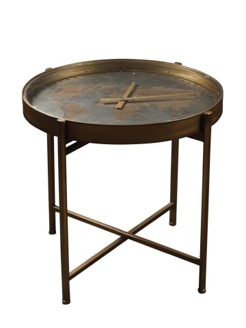 Măsuță laterală rotundă cu ceas din metal și sticlă, cupru, cu harta lumii pe cadran, 60 x 61 cm, „Vernes”