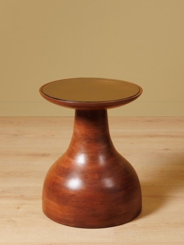 Măsuță laterală rotundă din lemn de mango, maro, cu bază în formă de clopot și blat din sticlă fumurie, 43 x 35 cm, „Solene” - Img 2