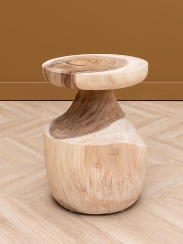 Măsuță laterală sculptată din lemn masiv, natur, cu blat rotund și bază bombată, 45 x 35 cm, „Tamps” - Img 3