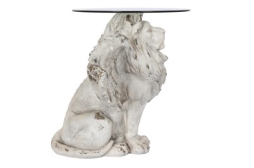 Măsuță laterală sculptată din oxid de magneziu, leu înaripat, blat din sticlă, finisaj gri antichizat, 96 x 62 x 61 cm, „Leon" - Img 2