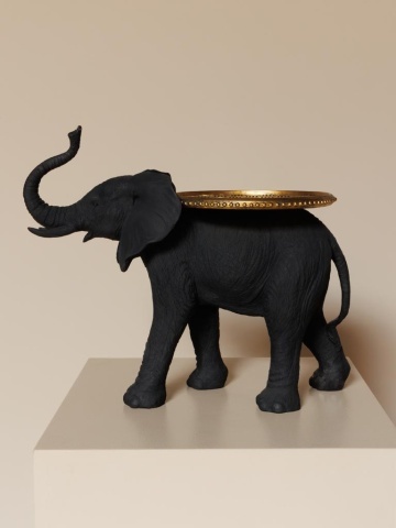 Măsuță laterală sculptată în formă de elefant, negru, cu tavă rotundă aurie, 45,5 x 55,5 x 28,5 cm, „Elephant” - Img 2