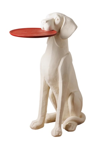Măsuță laterală sculptată înaltă în formă de câine, alb, cu blat rotund roșu ținut în bot, 77 x 60 x 30 cm, „White Dog”
