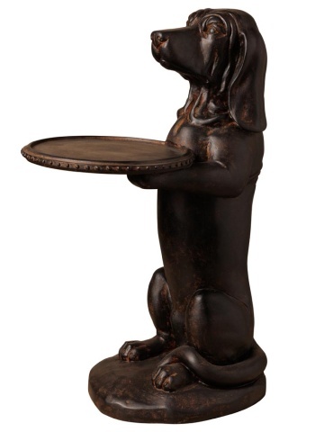 Măsuță laterală sculptată, maro, cu bază în formă de câine și tavă rotundă, finisaj patinat, 39 x 17 x 26 cm, „Pepito”