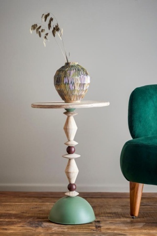 Măsuță laterală verde din lemn si metal, cu finisaj antichizat, Ø40 cm, „Mannelli” - Img 3
