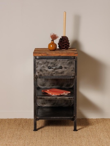 Noptieră rustică din metal și lemn reciclat, gri și natur, cu sertar, 2 rafturi și blat cu fibra brăzdată, 70 x 39 x 42 cm, „Oregon” - Img 3