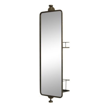 Oglindă cu 2 rafturi pe spate, din metal și sticlă, finisaj alamă antichizată, H 80 cm