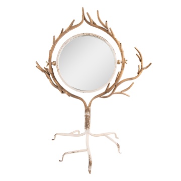 Oglinda de masa, bej, din metal, cu detalii in forma de coarne de cerb, aspect vintage, 51x37x65 cm