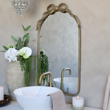 Oglindă decorativă din metal cu finisaj auriu antichizat, cu decor tip panglică, 95x56x4 cm, „Éloise" - Img 2