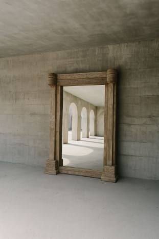 Oglindă din lemn masiv de tec sculptat manual, 150x18x210 cm, "Ancient" - Img 2