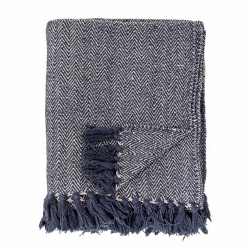 Patura din bumbac reciclat, albastru, model în spic în tonuri natur, franjuri decorative, finisaj țesut, 160 x 130 cm, „Herringbone”