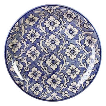 Platou ceramic rotund pictat manual cu model floral albastru, Ø 37 x H 4,3 cm, „Miranda"