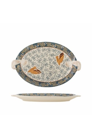 Platou de servire din ceramică albastră cu decor pasăre și model gravat pictat manual, 3,5x34x25 cm, "Hezha"