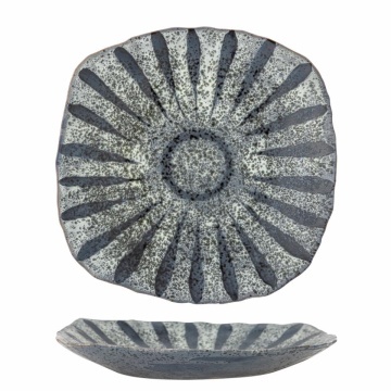 Platou de servire din ceramică, gri, model soare pictat manual, glazură reactivă, 6 x 32 cm, „Ramie”
