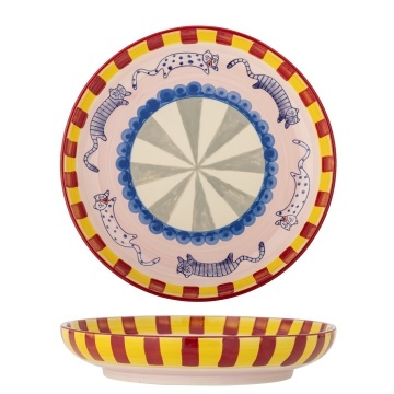 Platou decorativ din ceramică artizanală, multicolor, pictat manual cu pisici și motive geometrice, 30x6 cm, „Missy"