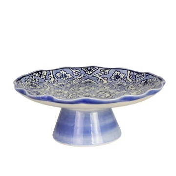 Platou pe picior din ceramică pictată manual, Ø 25 x H 9 cm, albastru, „Miranda"