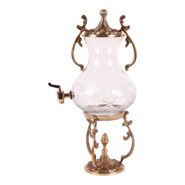 Samovar din sticlă gravată și aluminiu, auriu, cu robinet, capac și suport sculptat, 47 x 19 cm, „Bellini”