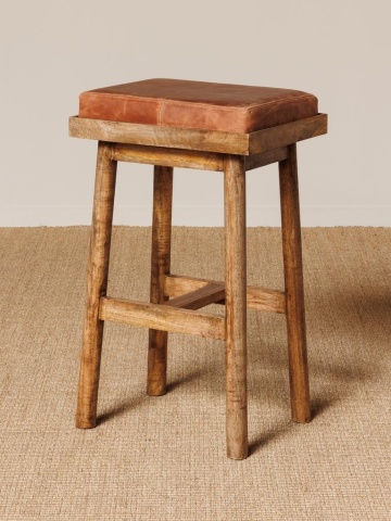 Scaun de bar din lemn de mango natur și piele naturală coniac, cu șezut dreptunghiular și suport pentru picioare, 76 x 45 x 35 cm, „Django” - Img 2