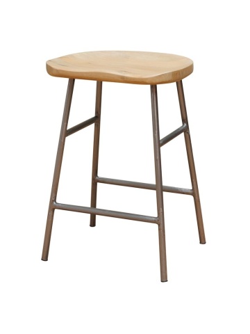 Scaun de bar din lemn de mango și metal, natur, pentru insulă, în stil industrial, cu șezut curbat și suport pentru picioare, 60 x 42 x 37 cm, „Hinto”