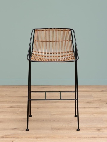 Scaun de bar din ratan și metal, negru, cu brațe, șezut scobit și suport pentru picioare, 90 x 51 x 52 cm, „Kuro” - Img 5