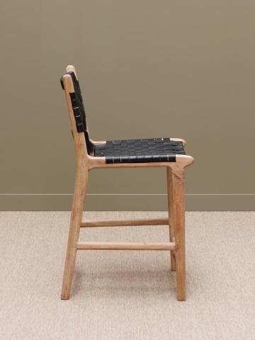 Scaun de bar împletit pentru insulă din piele naturală și lemn de acacia, negru, cu spătar și suport pentru picioare, 97 x 50 x 53 cm, „Mixing” - Img 4