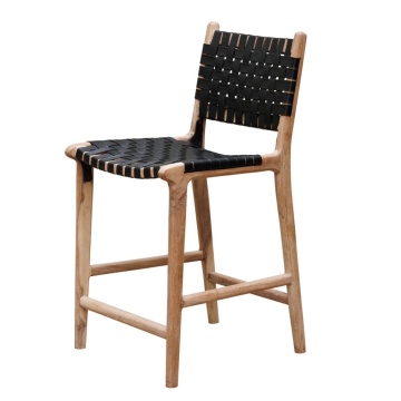 Scaun de bar împletit pentru insulă din piele naturală și lemn de acacia, negru, cu spătar și suport pentru picioare, 97 x 50 x 53 cm, „Mixing”