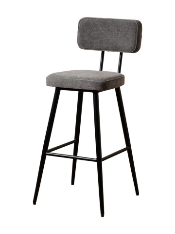 Scaun de bar tapițat din bumbac gri și fier negru, cu spătar dreptunghiular și suport pentru picioare, aspect stonewashed, 105 x 48 x 48 cm, „Fairfax”