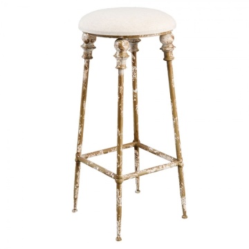 Scaun de bar vintage din metal și stofă, maro, cu șezut rotund și picioare cu capiteluri, finisaj antichizat, 78 x Ø 34 cm, „Rosalie”
