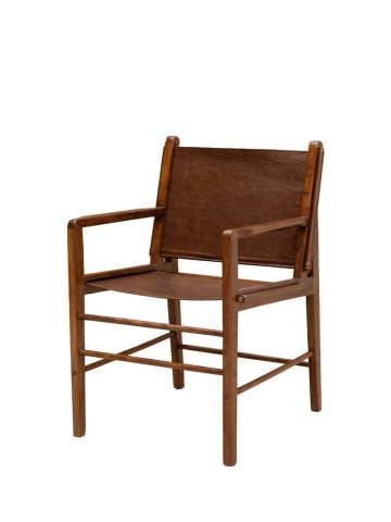 Scaun de dining din piele maro, cu structură din lemn de acacia, finisaj natural lucios, 90×60×66 cm, „Arius"