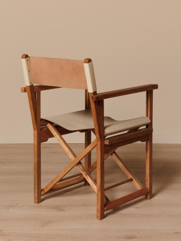 Scaun dining cu brațe din piele naturală și lemn de mango, crem, cu cadru în X și ținte aurii, pliabil, 82 x 57 x 50 cm, „Woody” - Img 4