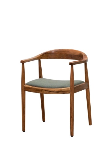 Scaun dining cu brațe tapițat din lemn de acacia, bumbac și in, verde, cu spătar arcuit și brațe late, 76 x 55 x 52 cm, „Kenzie” - Img 2