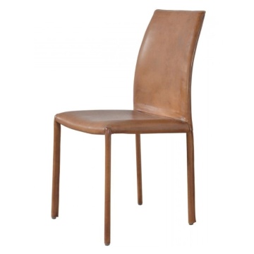 Scaun dining din piele naturală, maro, cu spătar înalt arcuit și picioare îmbrăcate în piele, 93 x 44 x 56 cm, „Newport”