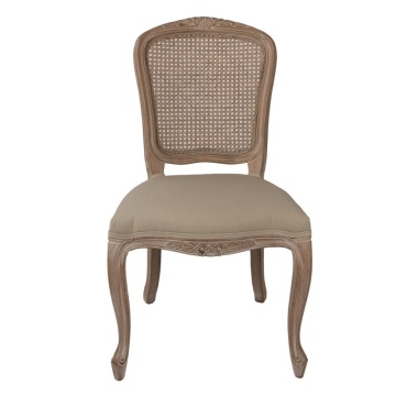 Scaun dining tapițat shabby chic din lemn, ratan și stofă, bej, cu spătar cannage și picioare cambrate sculptate, 95 x 52 x 49 cm, „Fleurette”