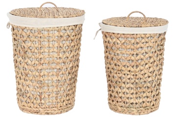 Set 2 coșuri de rufe din stuf și bumbac, maro, cu capac, finisaj natural, 58 x 40 x 40 cm, „Wasigny”