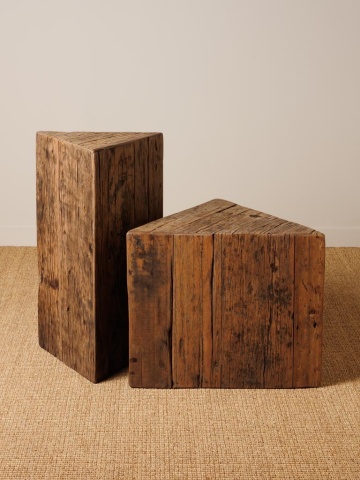 Set 2 masute laterale din lemn reciclat, cu aspect rustic, Triangle - Img 2
