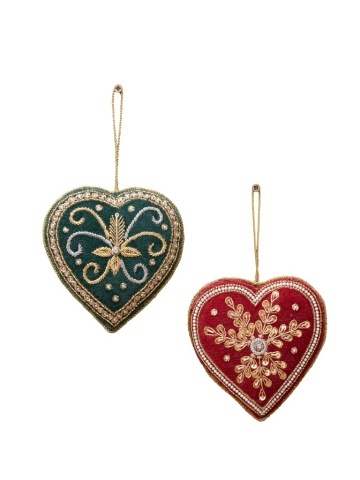 Set 2 ornamente decorative din catifea, verde și bordo, formă de inimă, broderii din fir auriu, contur din perle, finisaj artizanal, 11 x 11 cm, „Cœur”
