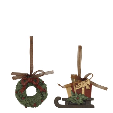 Set 2 ornamente decorative din rășină pictată manual, coronița și sanie cu cadouri, 8.5x9x2 cm, „Noël"